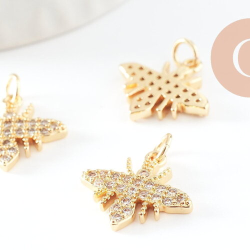 Pendentif abeille laiton doré zircons, fournitures pour bijoux, bijou laiton,pendentif laiton brut,17mm, x1 (g3332)