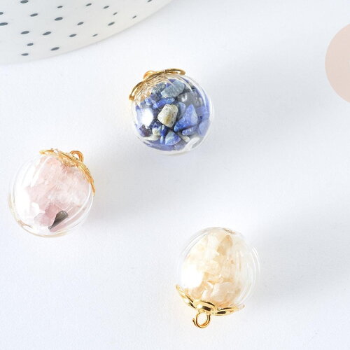 Pendentif bulle globe verre pierre naturelle zamac et laiton doré 20mm, pierre véritable, pendentif pierre naturelle, x1 g7577
