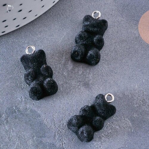 Pendentif ourson floqué velours noir résine platine, pendentif enfance, x2 (g6644)