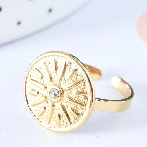 Bague réglable médaille soleil cristal acier doré taille 54, x1 (g6408)
