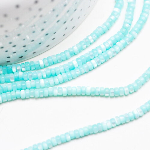 Perle nacre naturelle heishi bleu turquoise pastel,tube coquillage coloré,perle coquillage, 2x4mm, le fil x1 (g5411)