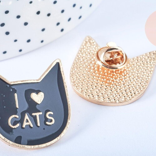 Broche pins chat noir &quot;i love cat&quot; doré émail 14mm,broche dorée customisation vêtements,x1 g6614