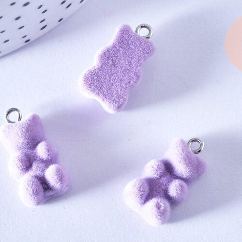 Pendentif ourson floqué velours violet résine platine 22mm, pendentif enfance régressif, x2 (g6901)