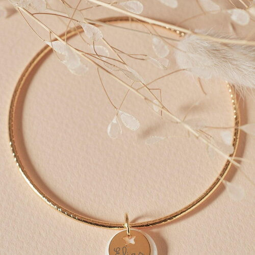 Bracelet jonc texturé à personnaliser acier inoxydable 304 avec médaille étoile &amp; nacre, x1 (adn7)
