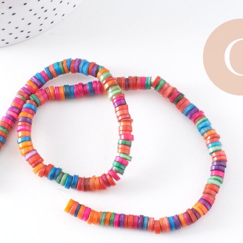 Perles rondelles coquillage naturel multicolore heishi 5-7mm,perle rondelle coquillage multicolore, création bijoux, fil de 200 perles, x1 (