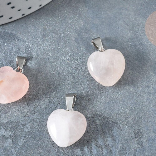 Pendentif cœur quartz rose lisse laiton platine 17~19mm, pendentif pierre naturel, x1 g7542