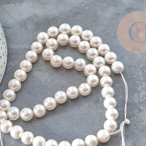 Perles rondes coquillage naturel blanche nacrées 8mm, x1 fil de 40cm (g9058)