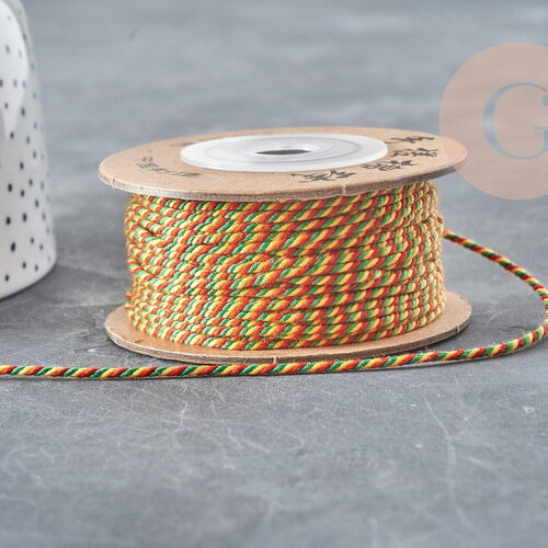 Cordon en coton tressé jaune rouge vert 1.2mm, cordon pour bijoux scrapbooking et fabrication bijoux, x1 mètre g9197