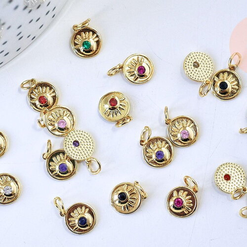 Pendentif rond laiton doré 18k émail oeil protecteur ,pendentif doré,creation bijoux porte-bonheur,10.7mm,x1 g5648