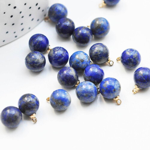 Pendentif goutte rond lapis lazulis, support doré, création bijoux pierre naturelle, pendentif pierre naturelle, 14mm, x1 (g4566)