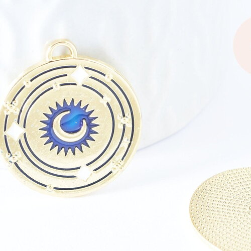 Pendentif rond lune bleu zamac doré 18k cristal zircon 27.5mm,sans nickel, pendentif chance, x1 g6683