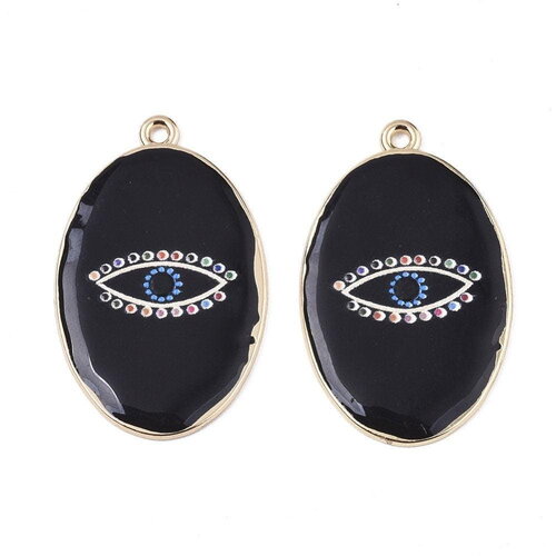 Pendentif ovale oeil protecteur émail noir zamac doré 39mm, pendentif laiton émaillé,sans nickel,x1 g5916