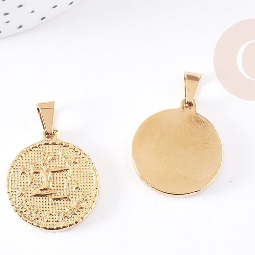 Pendentif médaille ronde sagittaire acier doré,signe astrologique,pendentif doré,sans nickel,médaille or,2.9cm,x1 g2077