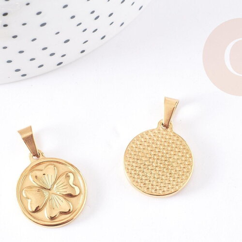 Pendentif médaille rond trèfle acier inoxydable 304 doré 21mm, x1 g1737