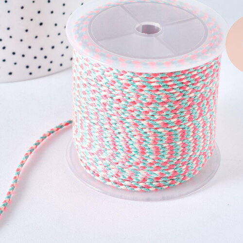 Cordon tressé rose fluo, turquoise et blanc 2mm, cordon pour bijoux,cordon multicolore ,corde décoration, x 1mètre g6816