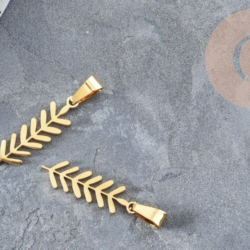 Pendentif feuille laurier acier doré 304 inoxydable 25.5mm, un bijou en acier hypoallergénique x1 g4763