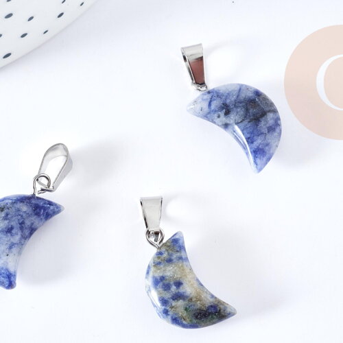 Pendentif lune jaspe bleu naturel support laiton argenté 24mm, pendentif lune bijou pierre naturelle, x1 (g8635)