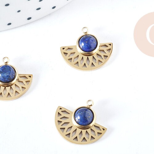 Pendentif éventail acier 304 inoxydable dore pierre de synthèse 18mm, pendentif sans nickel,création bijoux,x1 g8821