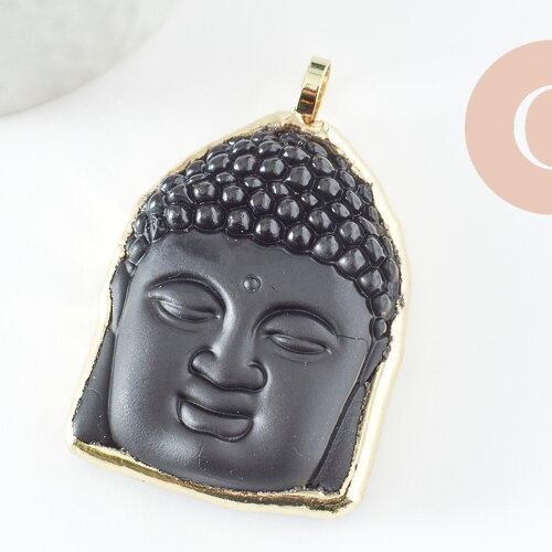 Pendentif bouddha en verre noir laiton doré, médaillon création sautoir pour création bijoux,56-59mm, x1 g5041