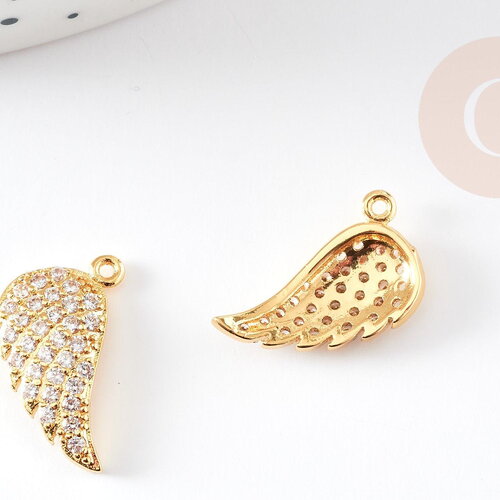 Breloque aile laiton doré 18k cristal,sans nickel,croix bijoux,pendentif ange, pendentif zircon,16mm, x1 g2577