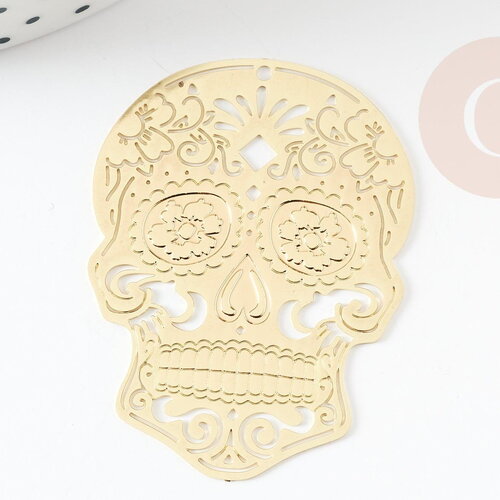 Pendentif estampe filigrane tête de mort laiton doré, pendentif très fin et léger, 46 x 34 mm, x2 g3697