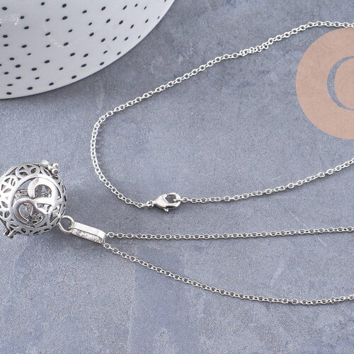 Collier bola ohm carillon d'harmonie argenté, création bijoux de grossesse, vendu sans carillon, 71-72cm, x1 (g3679)