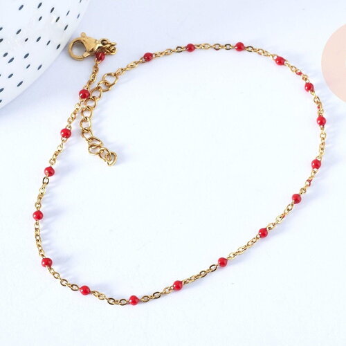 Chaine de cheville acier inoxydable doré 14k résine rouge 23cm,chaine de cheville dorée, x1 g7112