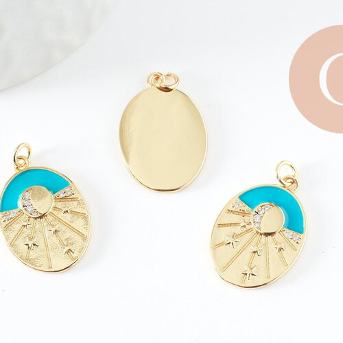 Pendentif médaille ovale soleil lune émail turquoise laiton doré, pendentif laiton émaillé,sans nickel,22mm, x1 g4735