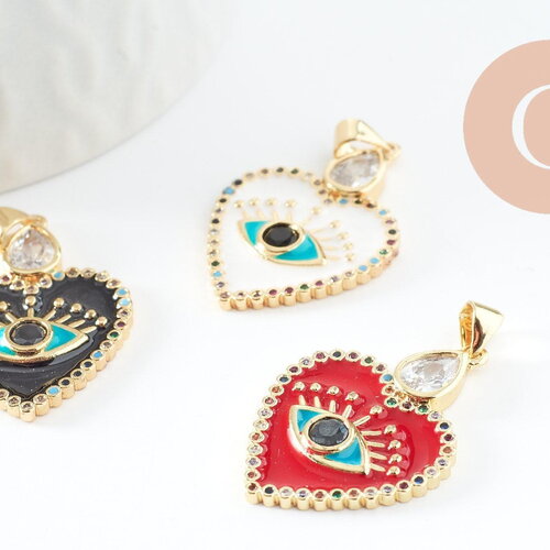 Pendentif médaille coeur oeil émail rouge laiton doré 18k et cristal zircon,pendentif laiton amour pour création bijoux,30.5mm, x1 (g7813)