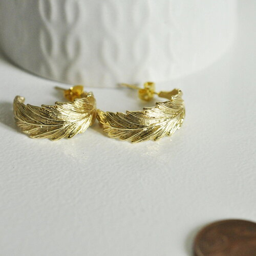 Boucles créoles feuille laiton doré 18k 24mm, x1 (g0916)