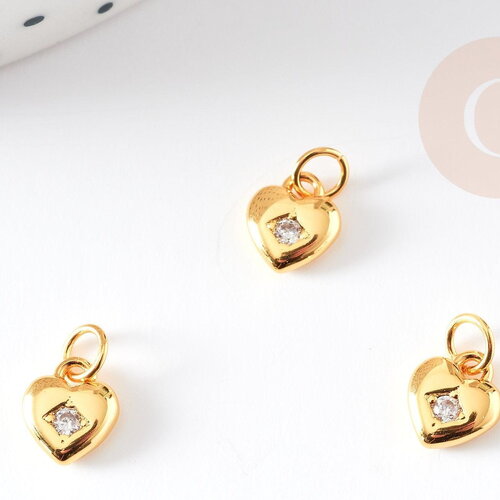 Breloque cœur laiton doré 18k étoile cristal,sans nickel,création bijoux,pendentif amour, pendentif zircon,7.5mm, x1 g4065