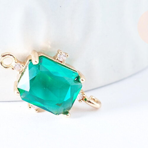 Pendentif connecteur rectangle doré cristal vert transparent facettes 17.5mm,pendentif cristal création bijoux, x1 g6722