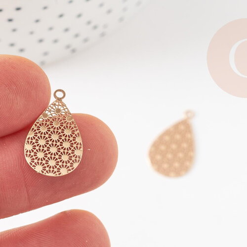 Pendentif estampe filigrane goutte motif géométrique laiton doré 19.5mm, pendentif très fin et léger pour création de bijoux, x2 g9279