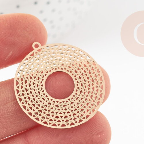 Pendentif estampe filigrane rond géométrique évidé laiton doré 32.5mm, pendentif très fin et léger pour création de bijoux, x2 g9274