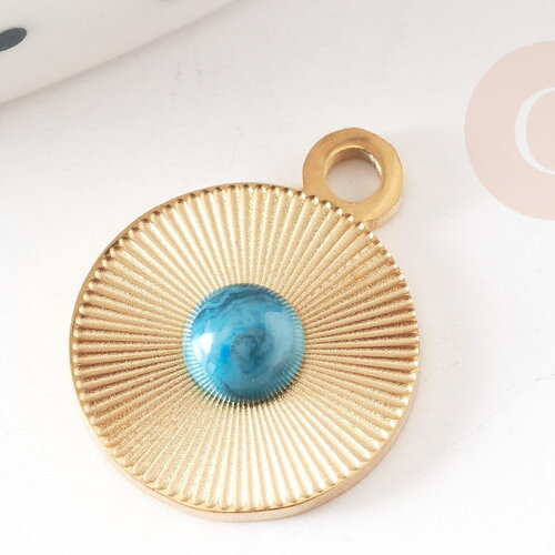 Pendentif rond acier inoxydable 201 doré cabochon turquoise 15mm, pendentif acier pierre, x1 g9281