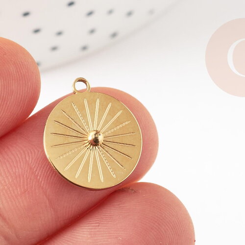 Pendentif rond soleil acier inoxydable 304 doré 14k ip 17.5mm, pendentif bijoux chance, x1 g9272