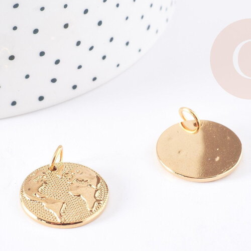 Pendentif médaille ronde monde acier doré, pendentif doré,sans nickel,acier doré, création bijoux,médaille or,2.1cm,x1 g2954