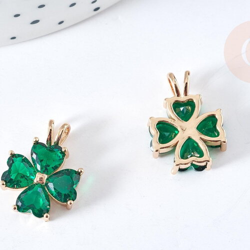 Pendentif trèfle 4 feuilles laiton doré 18k zircons vert 18.5mm, x1 (g8403)