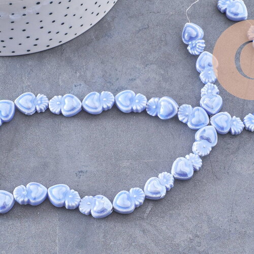 Perle porcelaine bleu tendre coeur irisé, fournitures créatives, perle céramique, 16mm, x20 g3972