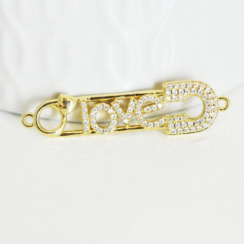 Pendentif epingle à nourrice love laiton doré 18k cristal,sans nickel,coeur bijoux,pendentif amour, pendentif zircon,41mm g5321