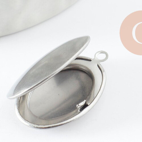 Pendentif locket ovale acier 316 inoxydable platine 24mm, médaillon vintage pour création collier en acier inoxydable, x1 g9450