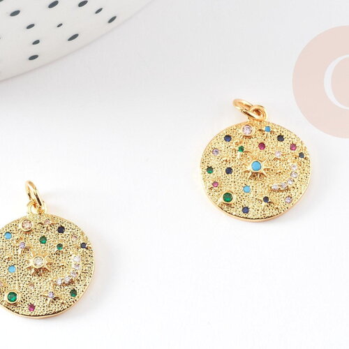 Pendentif médaille ronde lune laiton doré zircons coloré 17mm, x1 (g4749)