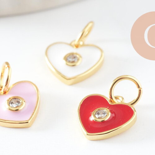 Pendentif coeur laiton doré émaillé et zircon 9x9mm ,pendentif doré,coeur doré, pendentif laiton doré, x1 (g3578)