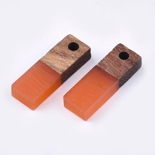 Pendentif goutte bois résine rectangle orange corail, perle bois naturel, perle géométrique,perle rectangle bois,17mm,x5 g4662