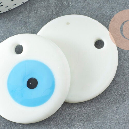 Pendentif rond mauvais oeil verre blanc 50mm,pendentif verre artisanal chance pour création bijoux, x1 g9437
