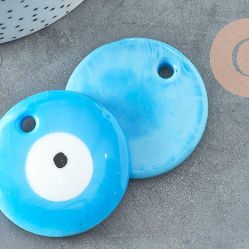 Pendentif rond mauvais oeil verre bleu ciel 50mm,pendentif verre artisanal chance pour création bijoux, x1 g9444