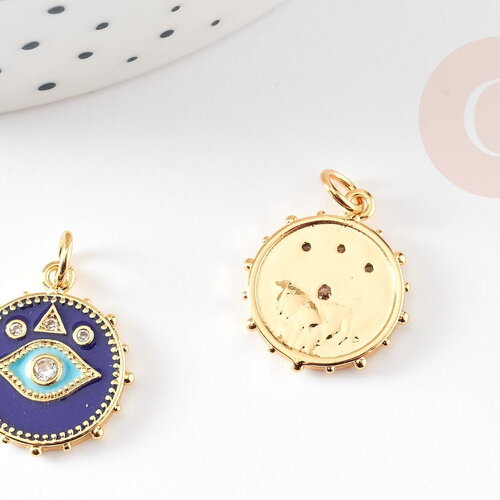 Pendentif médaille ronde oeil émail bleu laiton doré 18k et cristal zircon,pendentif porte-bonheur,18.5mm, x1 g4087