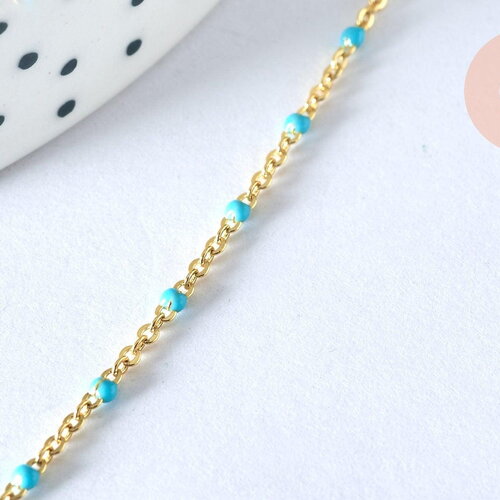 Chaine laiton doré 18k fantaisie résine turquoise,chaine fantaisie dore,chaine complète,2mm,40cm, x1 g3152
