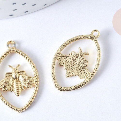 Pendentif ovale torsadé abeille zamac doré 28.5mm, pendentif création bijoux doré, x1 g7752