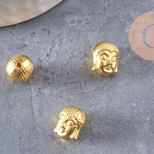 Perle tête de bouddha zamac doré ,fournitures créatives sans nickel,creation bijoux,perle voyage inde,11mm,x 10 (g5291)